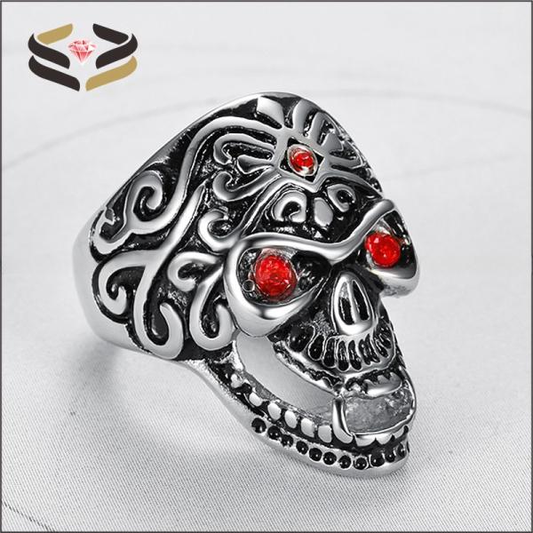 Vintage Flower Carved Stainless Steel Men's Ring with Red Crystal Eye and Halloween Party Accessory