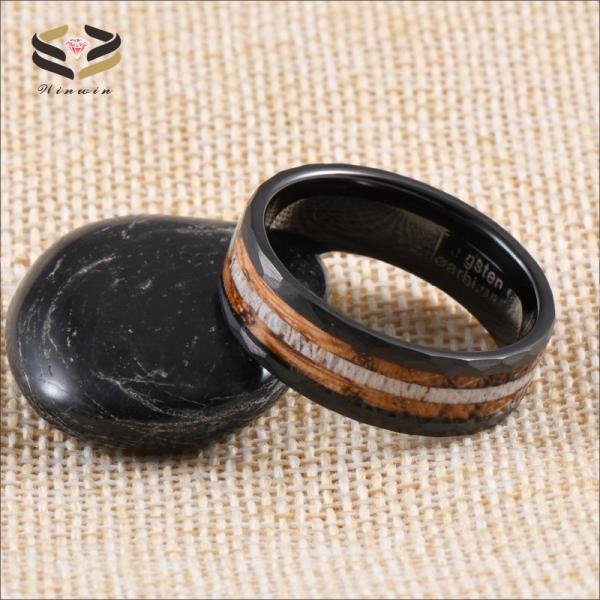 8mm Hammered Whiskey Barrel Wood and Deer Antler Inlay Black Tungsten Rings Children's Wedding Bands Gender Children's