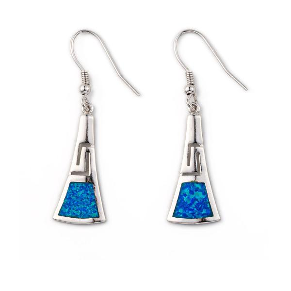 925 With Sterling Silver Blue Retro Opal Greek Meander Key Earrings 925 With Sterling Silver