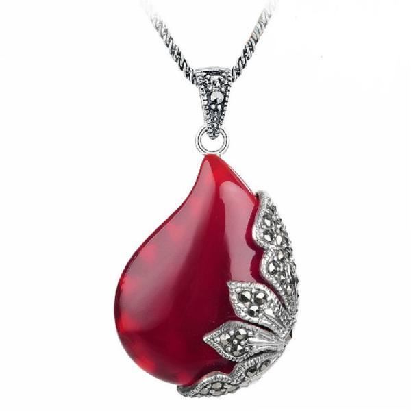 Vintage Jewelry 925 Silver Red Agate Marcasite Drop Pendant Necklace 18 Inches (JA1674RED)