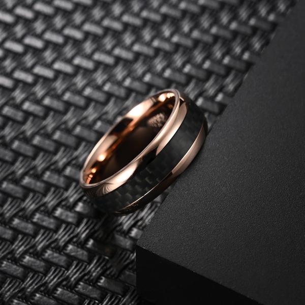 Natural Rose Gold Plated Ring Wedding Men Stainless Steel And Carbon Fiber Ring