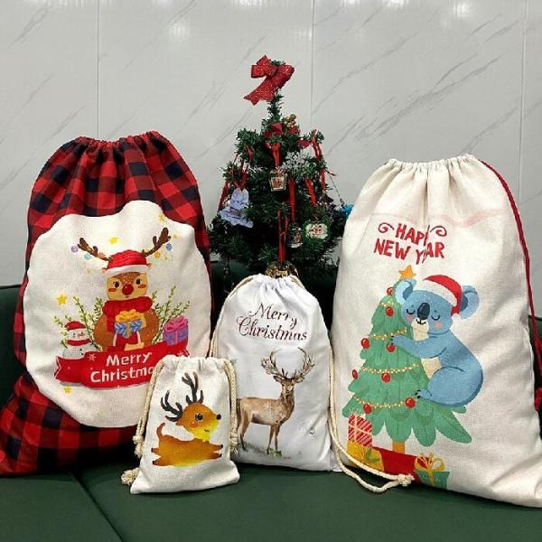 Custom Logo Linen Sublimation Drawstring Bag Santa Sacks Sublimation Blank Christmas Gift Bags