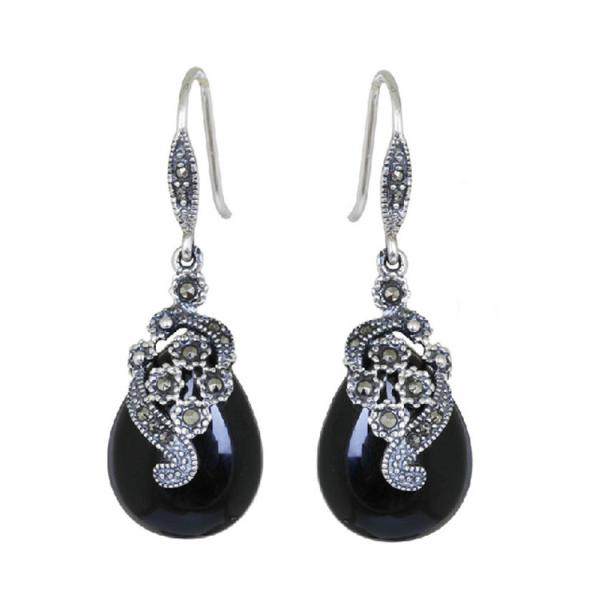 Retro Jewelry Thai 925 Silver with Marcasite Black Onyx Earrings(LR1036BLACK)