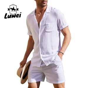 China Summer Men Shorts Set Plain Flax Cotton Breathable Solid Color Two Piece Suit on sale