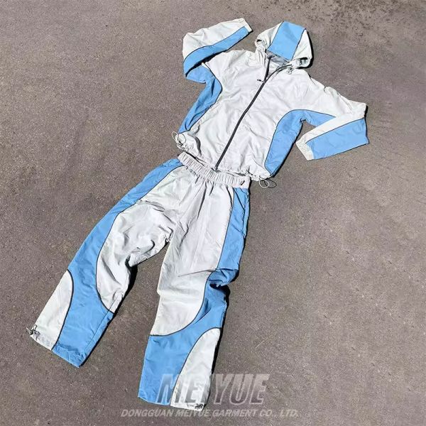 Custom Sweatsuit Embroidery Zip Up Jacket Jogger Set Color Block Nylon Sweat Pant Windbreaker Tracksuits For Men
