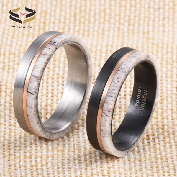 Occasions Christmas/ Year/Father's Day Men's Customized Handmade Black Tungsten Inlay Deer Horn Antler Wedding Band Ring