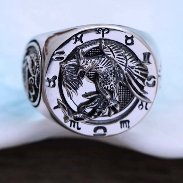 925 Sterling Silver Engraved Rosefinch Taiji Design Vintage Men Ring (057626)