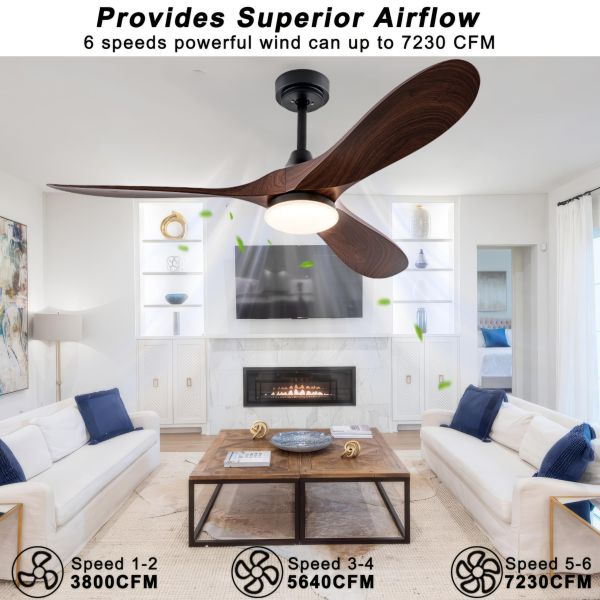 LED Ceiling Fan Solid Wood Blades Flush Mount Dimmable LED Lighting Ceiling Fan