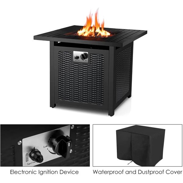 Rattan Style Outdoor Gas Firepit 28'' Square Patio Propane Gas Black