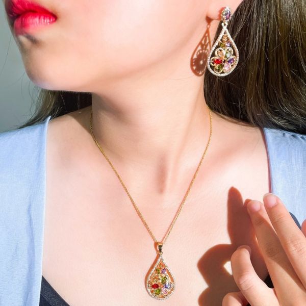 Women CZ zircon pendant necklace earrings ring copper jewelry set CZ Crystal Necklace and Earring Sets