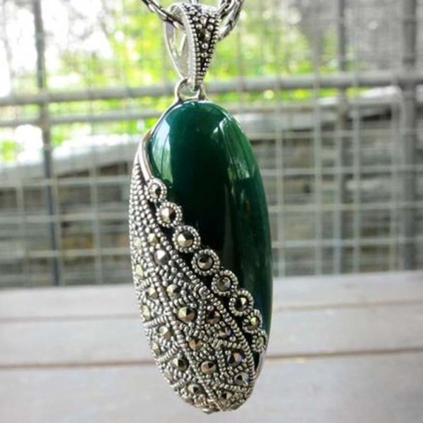 Thai 925 Silver Green Agate Marcasite Pendant and 18 Inches Chain(N11065GREEN)