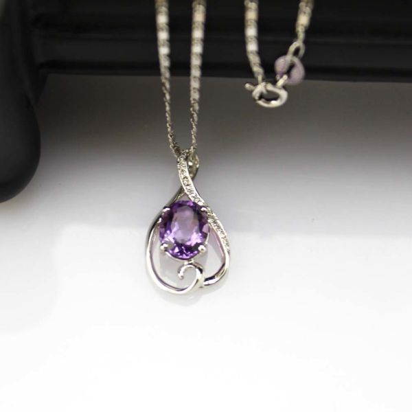 White Gold Plated 7mmx9mm Amethyst Cubic Zircon Pendant Necklace (PSJ0390)