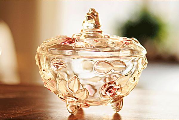 Cheap Sweet Pot Glass Candy Jar Pink Plum Blossom Sugar Bowl Machine Press For Room for sale