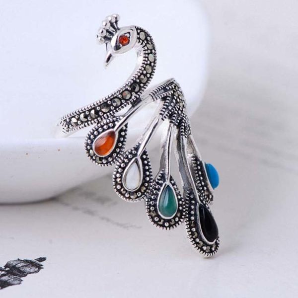 Vintage Open Adjustable Thai 925 Silver Multicoloured Gemstone Marcasite Ring(059070)