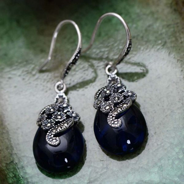 Women Retro Sterling 925 Silver Synthetic Sapphire Marcasite Drop Earrings (029331)