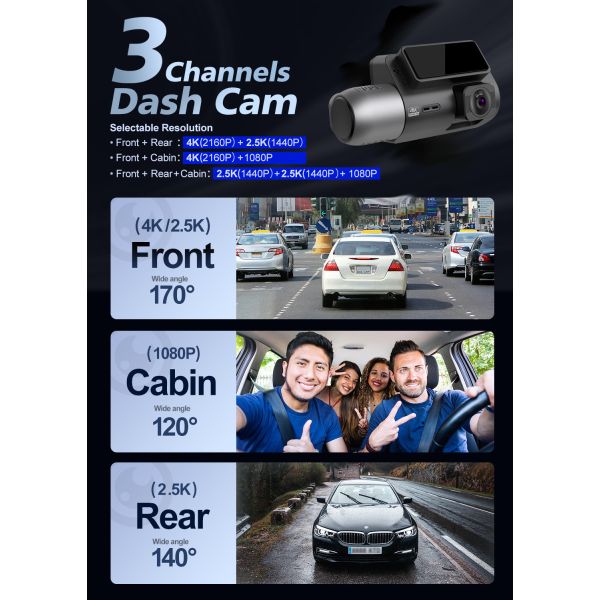 3Channel Dashcam Wifi 4k 2Inch IPS 4g ADAS Mirror Blackbox