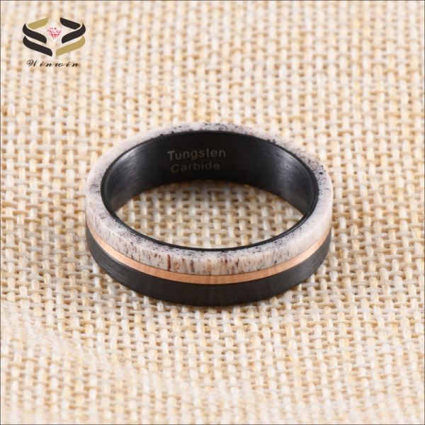 Occasions Christmas/ Year/Father's Day Men's Customized Handmade Black Tungsten Inlay Deer Horn Antler Wedding Band Ring