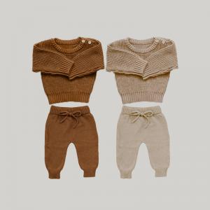 Quality Baby Chunky Knitwear Handmade Crew Neck Sweaters Pullover Knitted Long Pants 2Pcs Lounge wholesale