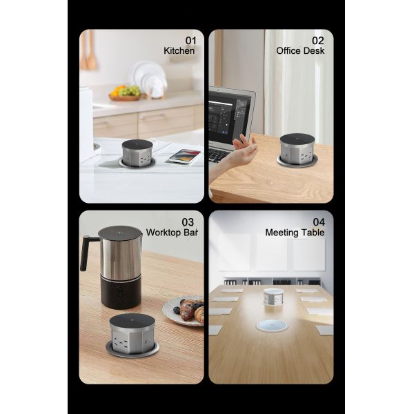 USB A+C Fast Charging Wireless Charger 3 Power Outlets Pop-Up Desktop Kitchen Socket UK Plug Standards Tabletop