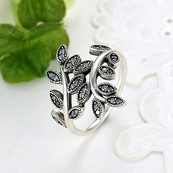 Sterling Silver Pave Clear Cubic Zircon Leaves Band Ring Vintage Style Jewelry (R12281)