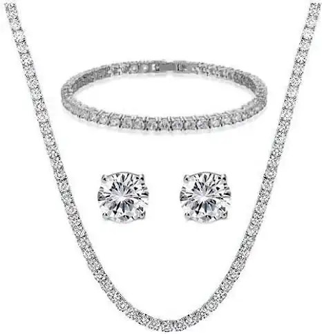 Elegant Dangle Earrings And Link Bracelet Set 925 Sterling Silver Jewelry With AAA Cubic Zirconia