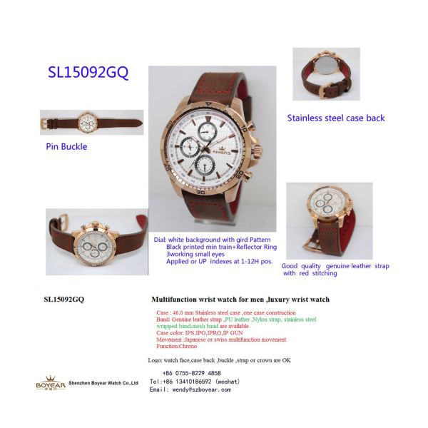 Six Hands steel Case Leather Wrist Watch rose gold Plated for Men