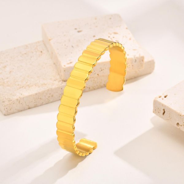 Wide Open Stainless Steel Cuff Bracelet Adjustable Vertical Stripe Style For Men Women