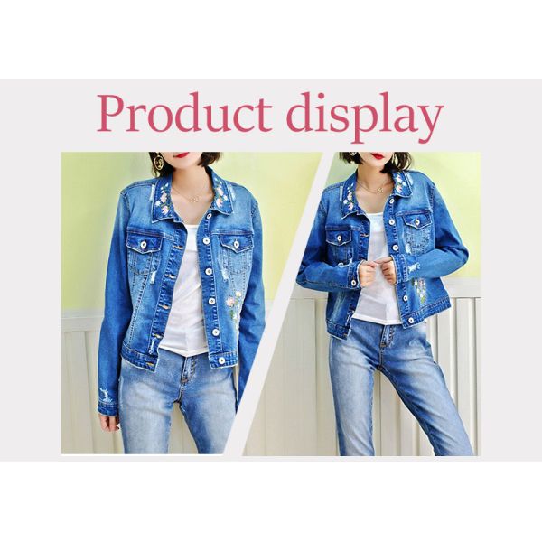 Fancy Embroidery Jeans Coat For Women , Stretch Ladies Blue Denim Jacket
