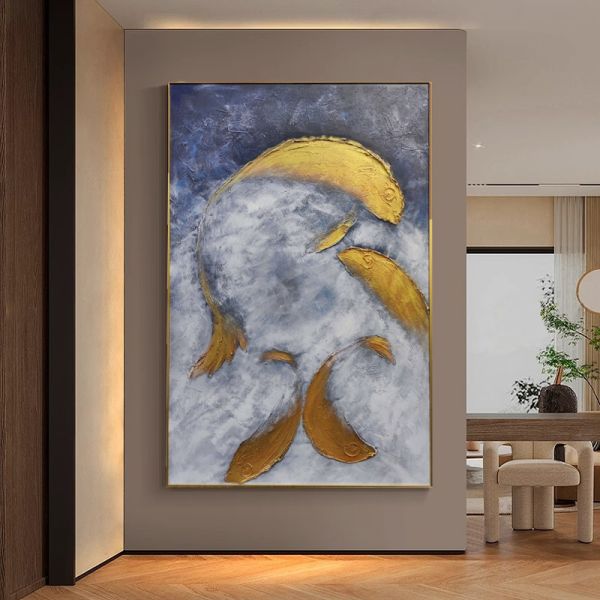 Oil Painting Medium and 6 Color Print Method Used for Hand Painted Goldfish Gold Foil Art Living Room Art