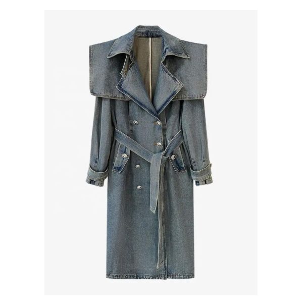 High End Fashion Winter Loose Blue Denim Jacket Windbreaker Trench Ladies Long Coat for Women