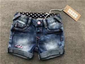 China Casual Kids Denim Jeans Girls Mid Thigh Denim Shorts With Dots Woven Contrast Lining on sale