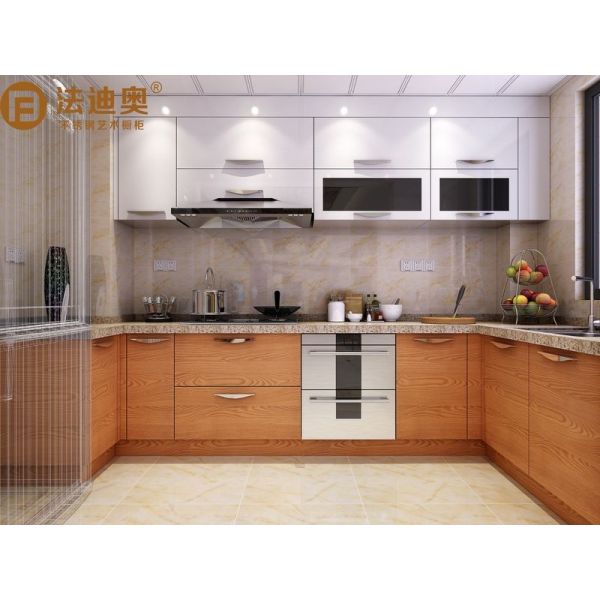 Fadior Short U-Shape Warm Wood Grain And White Kitchen Cabinet With Upward-Opening Door Design
