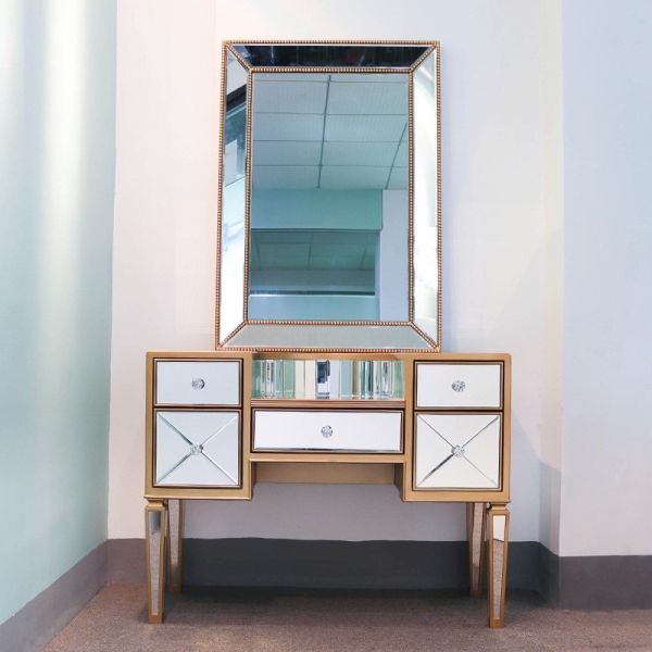 Cheap Unique design bedroom furniture sparkly mirrored dresser 5 drawers dressing table with round stool for sale