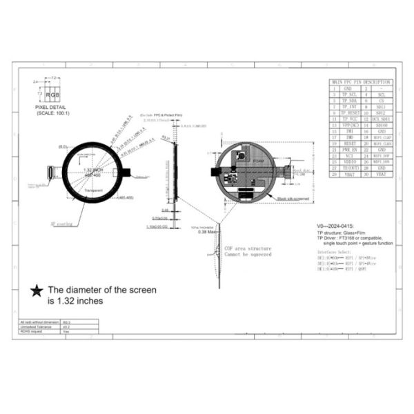 1.32 Inch Round AMOLED Oled Display Circular Oled Screen 466X466 IC CO5300