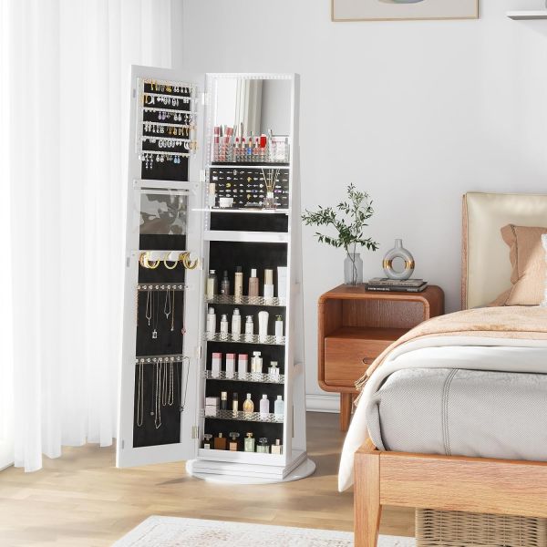 Modern Full Length Mirror Jewelry Cabinet with LED Modes and 3 Back Shelves for Jewelry Storage