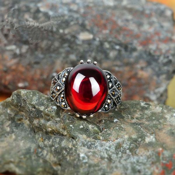 Thai Silver Jewelry Sterling Silver Red Cubic Zirconia Marcasite Ring (R111702)