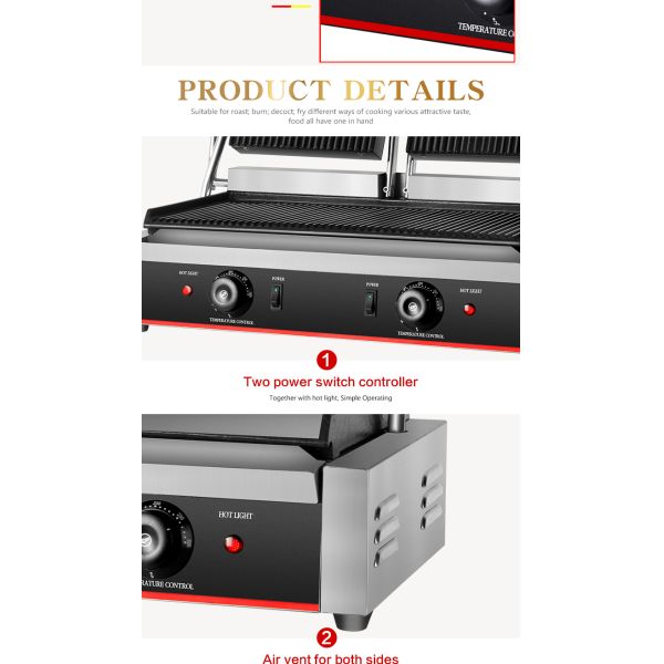 Commercial Electric Grill Parts with Non-Stick Cooking Surface and 220V Power Supply