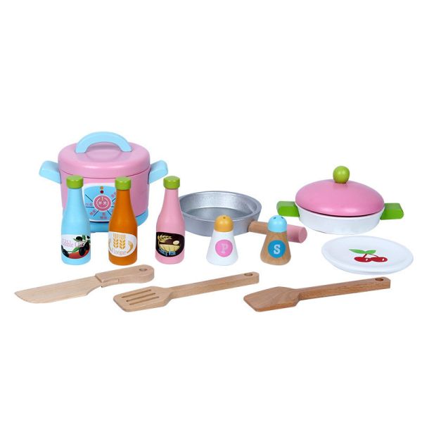 ISO9001 Simulation Wooden Cooking Toys Pink Wooden Kitchen Accessories