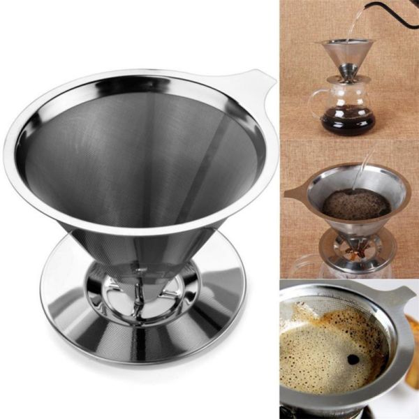 Cheap Paperless Pour Over Coffee Dripper Slow Drip Coffee Filter Metal Cone -Single Serve Maker Removable Cup Stand Stainless for sale
