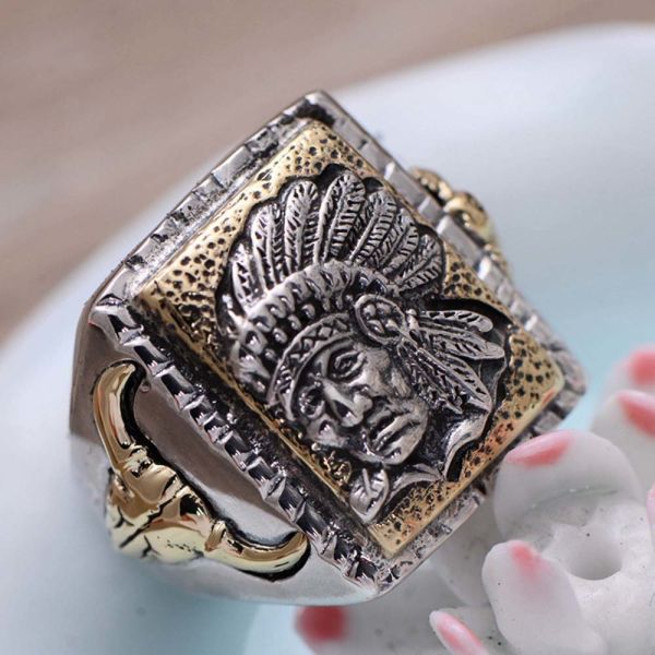 Men Antique Indian Chief 2 Tone Golden Sterling Silver Ring (058843)