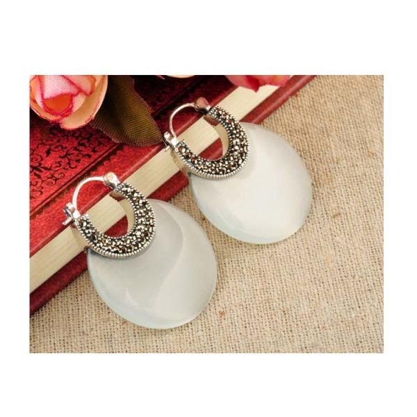 Sterling Silver White Opal Hoop Earrings(XH021046W )