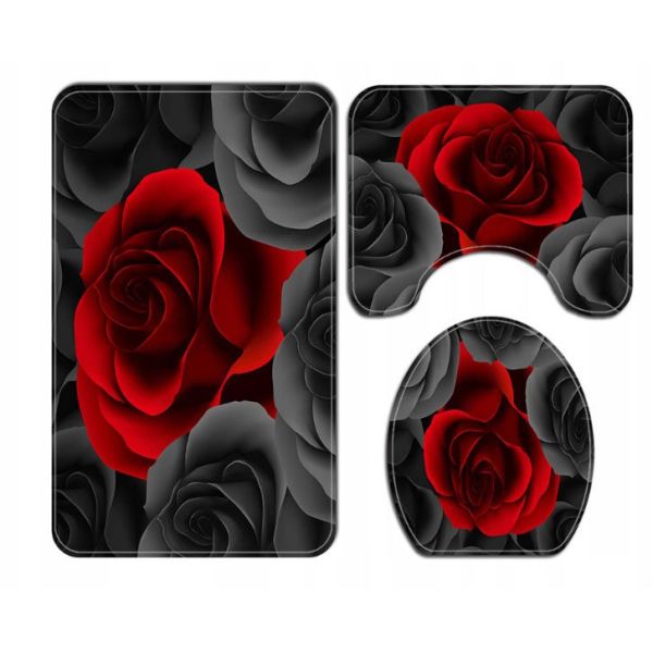 Rose Pattern Toilet Mat Set Polyester Fiber Toilet Lid Cover Set