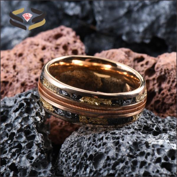 Men'S Tungsten Wedding Band Ring 8mm Rose Gold Plating with Triple Channel Guitar String Meteorite Gold Foil Inlay