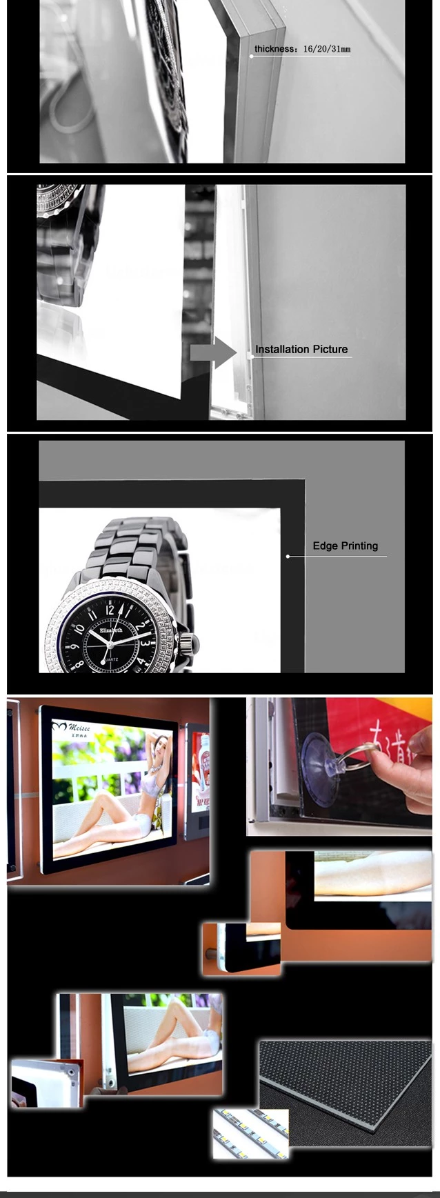 Shopping Mall Chain LED Lighting Box Advertising Magnetic Photo Frame 15mm Thickness