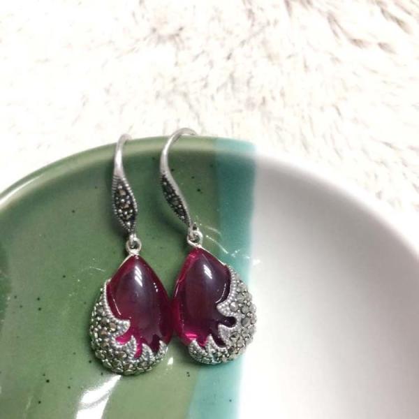 Vintage Sterling Silver Created Ruby with Marcasite Dangle Drop Earrings(E12033PINK)