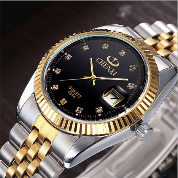 Imitation Diamond Rhinestone Watch Gold Plated Stainless Steel Strap Quartz Movt Man Watch