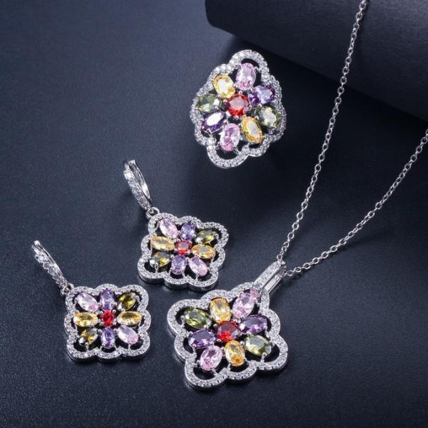 White Gold Color Luxury Bridal CZ Crystal Necklace and Earring Sets Big Wedding Jewelry Sets For Brides