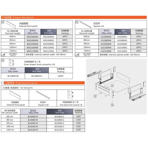High Inner Tandem Box Drawer For Kitchen Cabinet , Soft Close Drawer System