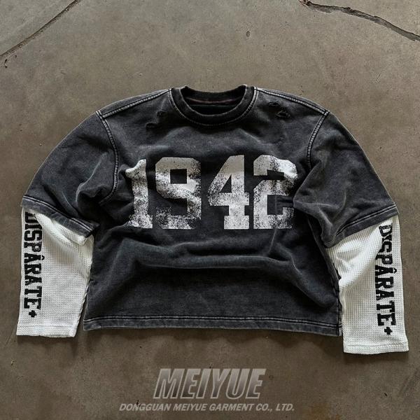 Custom Screen Print Logo Double Layer Waffle Long Sleeve Acid Wash Tshirt Distressed Men Vintage Sweatshirt T Shirt for Men
