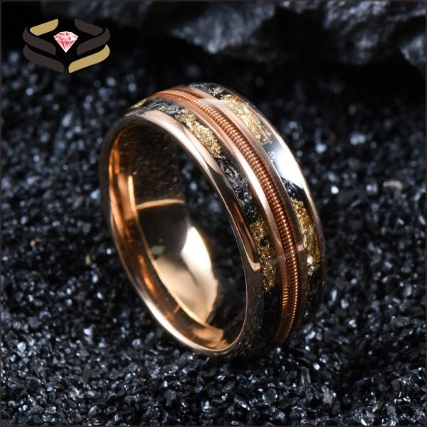 Men'S Tungsten Wedding Band Ring 8mm Rose Gold Plating with Triple Channel Guitar String Meteorite Gold Foil Inlay